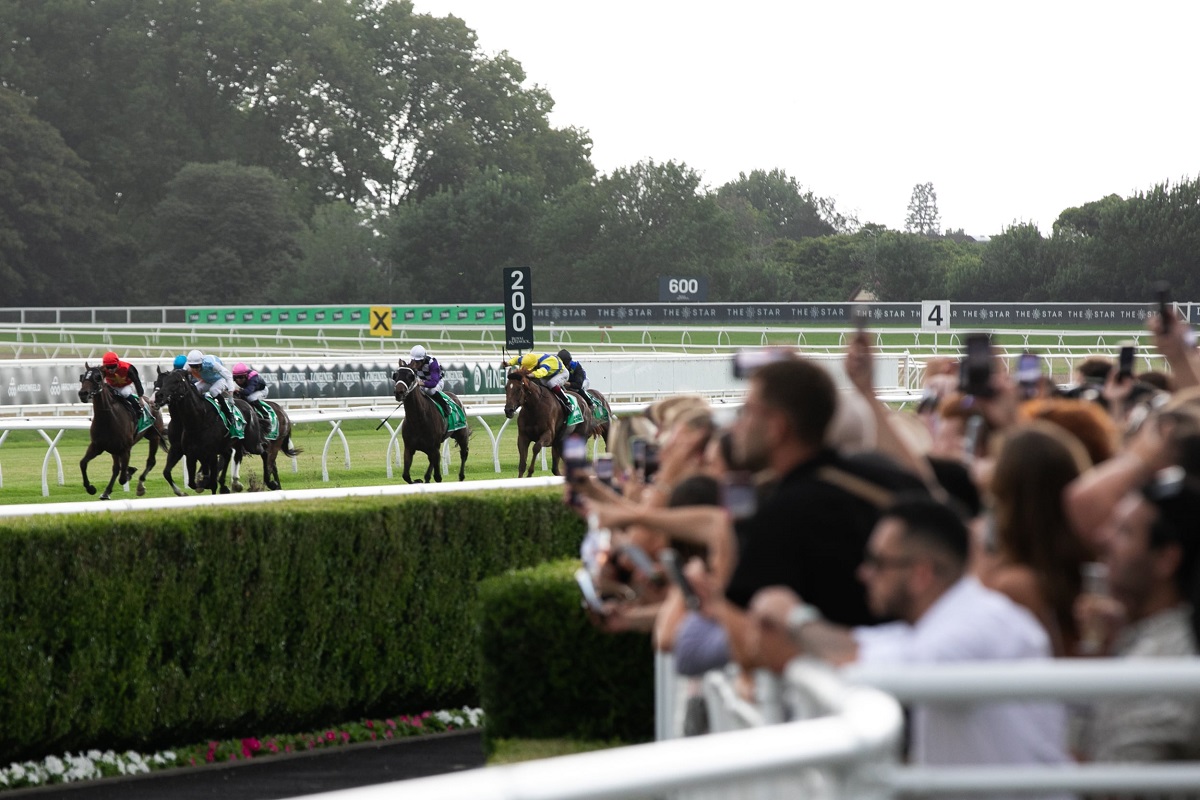 A crowd watches on as a group of racehorses gallop past on an overcast day